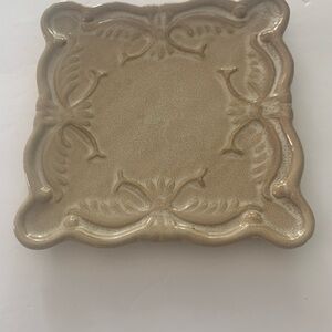 ❤️Ceramic candle plate, 6.5” x 6.5”. CA Pantry. Taupe color with glossy finish.